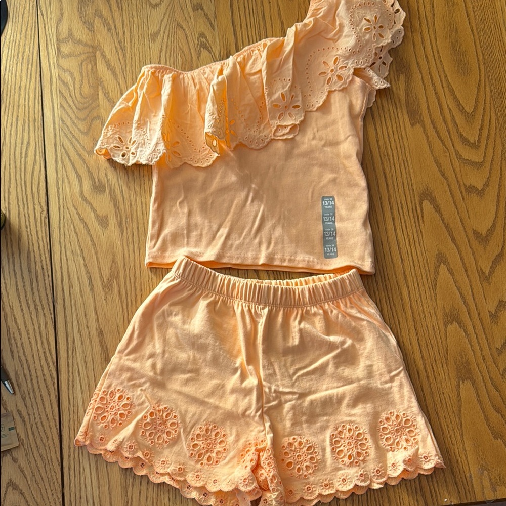 ZARA Peach Eyelet Ruffle Top and Shorts Set